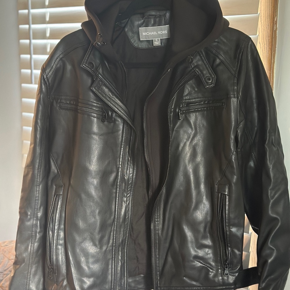Michael Kors Black Leather Jacket with Hood